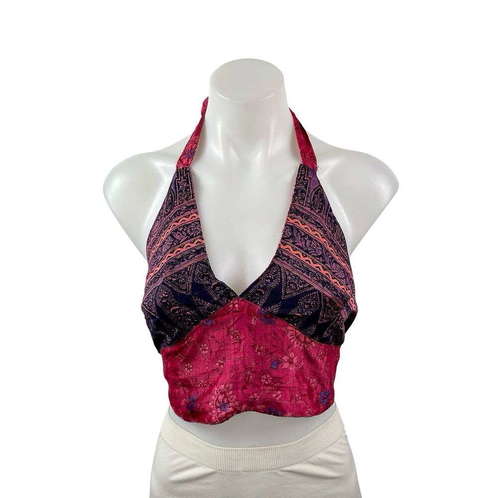 Women's Multicolor Floral Sleeveless Halter Neck Tie Bralette Crop Tank Top S/M